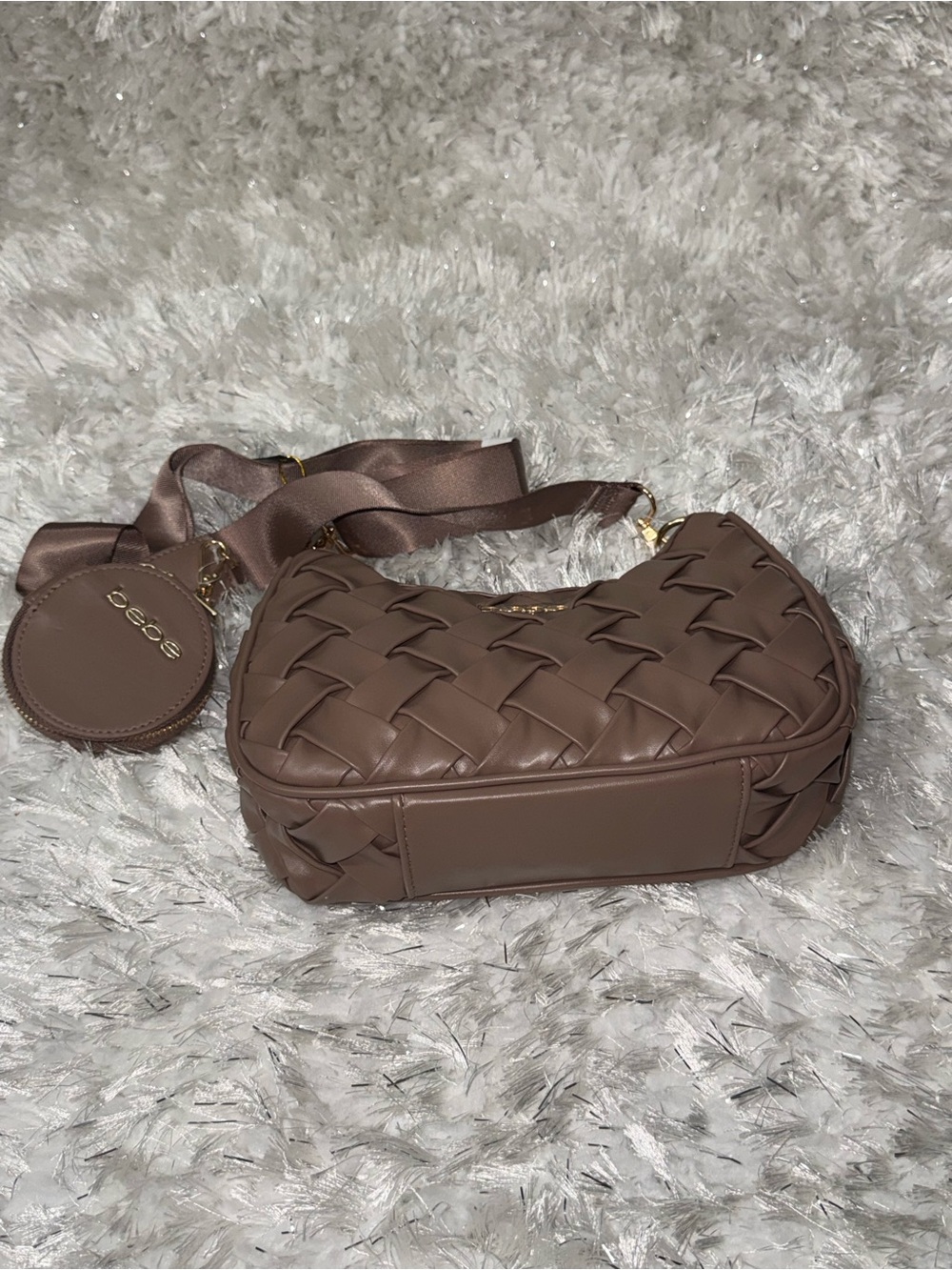 bebe Woven Shoulder Bag in Taupe Brown with Coin Pouch